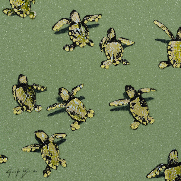 Green Sea Turtles On Green Glittering Beach