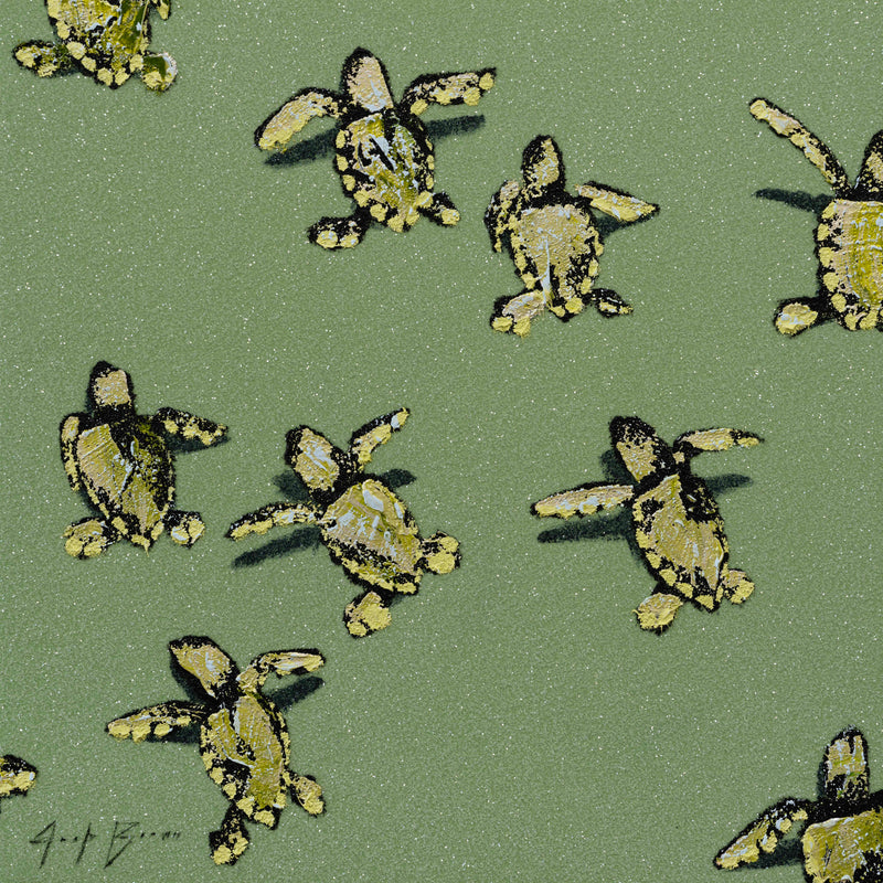 Green Sea Turtles On Green Glittering Beach