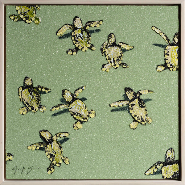 Green Sea Turtles On Green Glittering Beach