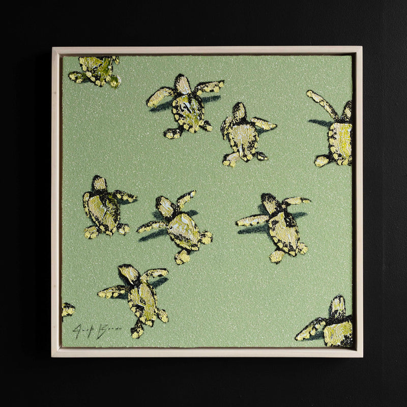 Green Sea Turtles On Green Glittering Beach